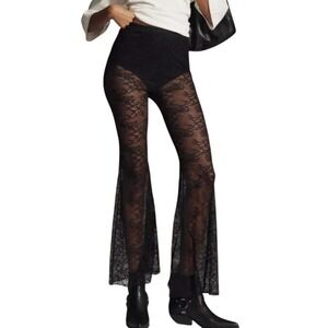 NEW Flat White Lace Flare Pants Black Womens Size M Sheer Whimsigoth Festival